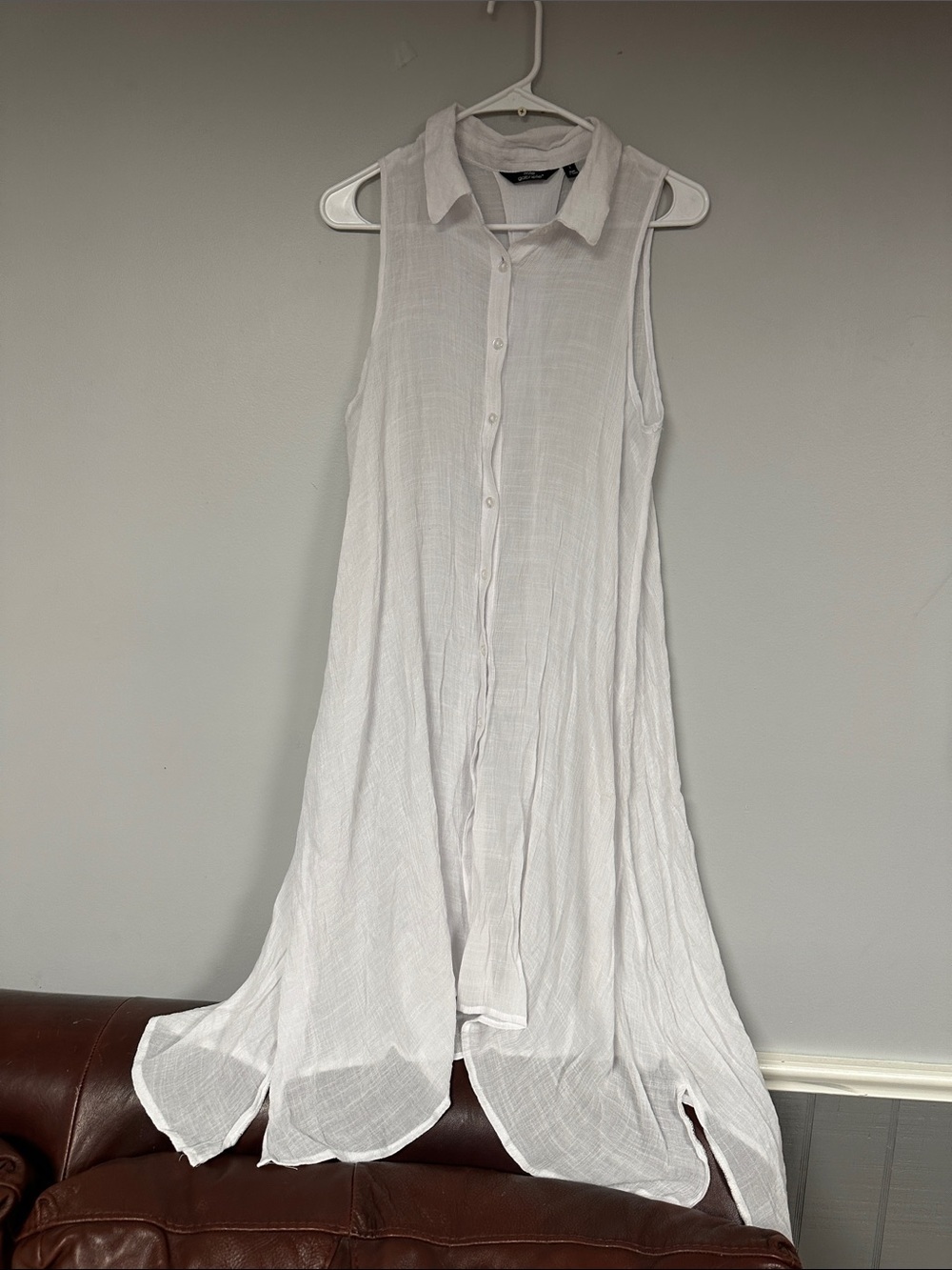 Mlle Gabrielle Long Gauzy White Flowy Boho Fairy Button Front Top / Coverup, L